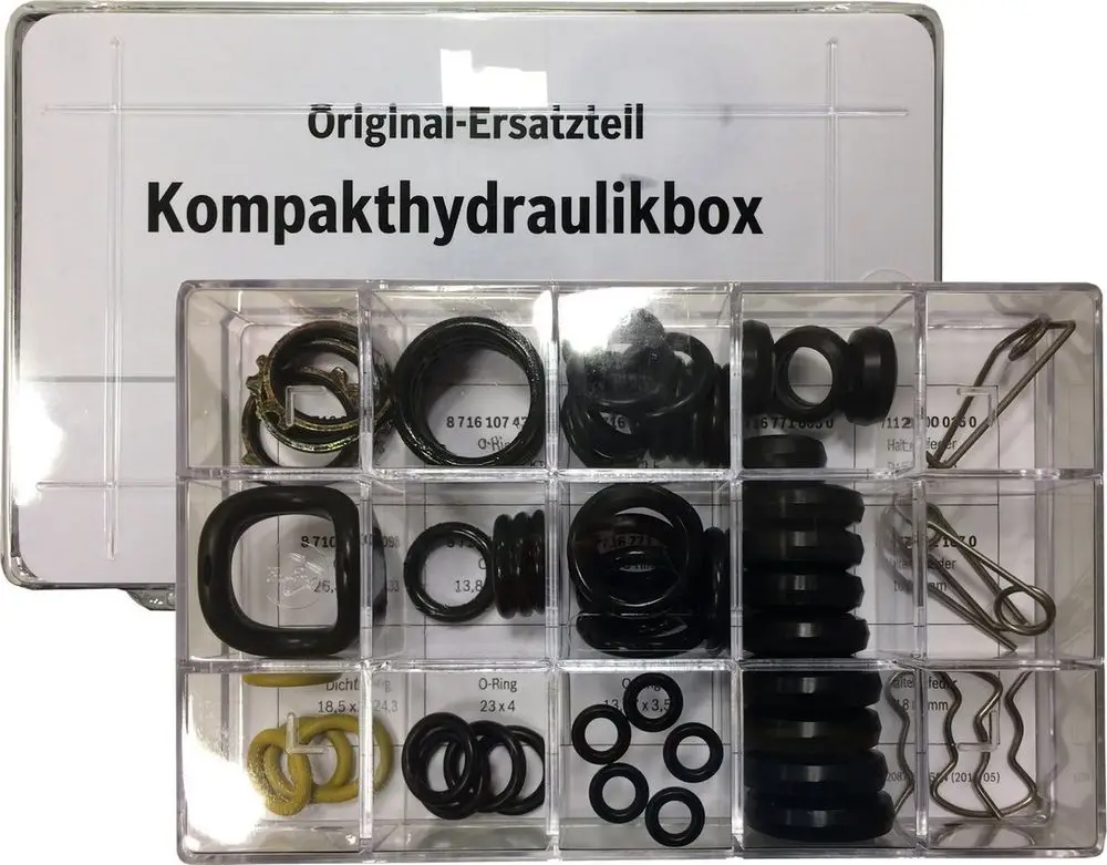 Bosch Dichtungsbox mit verschiedenen Dichtungen und O-Ringen in einem klaren Kunststofforganizer, geordnet in Fächer mit Bezeichnungen.